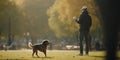 Canine Playtime: Dog and owner chasing ball in the park