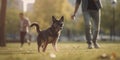 Canine Playtime: Dog and owner chasing ball in the park