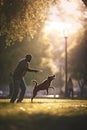Canine Playtime: Dog and owner chasing ball in the park