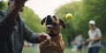 Canine Playtime: Dog and owner chasing ball in the park