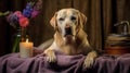 Canine Retreat Labrador Retriever Enjoys Serene Pampering in Towel-covered Spa Haven. Generative AI