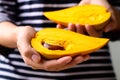 Canistel fruit or Eggfruit holding by woman hand Royalty Free Stock Photo