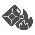 Canister and fire solid icon. Arson setting flame glyph style pictogram on white background. Canister for flammable