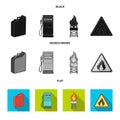 Canister for gasoline, gas station, tower, warning sign. Oil set collection icons in black, flat, monochrome style