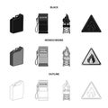 Canister for gasoline, gas station, tower, warning sign. Oil set collection icons in black,monochrome,outline style