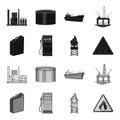 Canister for gasoline, gas station, tower, warning sign. Oil set collection icons in black,monochrome style vector