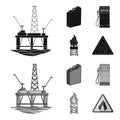 Canister for gasoline, gas station, tower, warning sign. Oil set collection icons in black,monochrome style vector