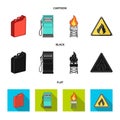 Canister for gasoline, gas station, tower, warning sign. Oil set collection icons in cartoon,black,flat style vector