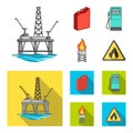 Canister for gasoline, gas station, tower, warning sign. Oil set collection icons in cartoon,flat style vector symbol