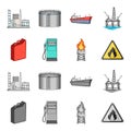 Canister for gasoline, gas station, tower, warning sign. Oil set collection icons in cartoon,monochrome style vector Royalty Free Stock Photo