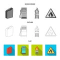 Canister for gasoline, gas station, tower, warning sign. Oil set collection icons in flat,outline,monochrome style