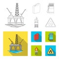 Canister for gasoline, gas station, tower, warning sign. Oil set collection icons in outline,flat style vector symbol