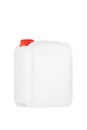 Canister with a liquid substance. White plastic jerrycan with red lid isolated on a white background. Image from an angle. Image Royalty Free Stock Photo