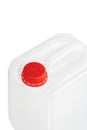 Canister with a liquid substance. White plastic jerrycan with red lid isolated on a white background. Image of a disinfectant, Royalty Free Stock Photo