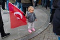 Cankaya, Ankara, Turkey - May 19 2022: Little Turkish girl waving turkish flag