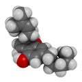 Cannabichromene or CBC cannabinoid molecule. 3D rendering. Atoms are represented as spheres with conventional color coding: