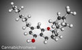 Cannabichromene, CBC molecule. It is phytocannabinoid found in Cannabis sativa and Helichrysum species. Molecular model