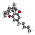 Cannabicyclol or CBL cannabinoid molecule. 3D rendering. Atoms are represented as spheres with conventional color coding: hydrogen