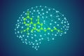 Cannabidiol CBD molecule chemical formula in polygonal plexus brain silhouette