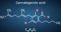Cannabigerolic acid, CBGA, molecule. It is cannabinoid, precursor tetrahydrocannabinolic acid THCA, cannabidiolic acid CBDA,