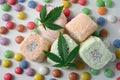 Cannabis food. Turkish delight with coconut flakes and colorful candy confetti close up.