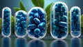 Cannabis pills with marijuana leaves on a dark blue background Royalty Free Stock Photo