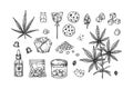 Cannabis products. Set of design elements for marijuana store decoration. Vector illustration in sketch style