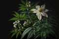 Cannabis sativa leaves, early white flowers, and a marijuana plant in bloom