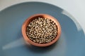 Cannabis seeds close-up. Marijuana seeds with storage jar on blue background