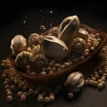 Cannabis seeds in a wooden bowl isolated on dark background. Hemp seeds illustration. Marijuana seeds are used in culinary, in