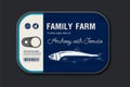 Canned anchovy label template, vector fish tin can with label cover, packaging design concept Royalty Free Stock Photo