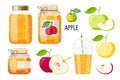 Canned apples. Compote and jam or marmalade in jars, drink in glass, Apples sketch for label. Canned fruit. Fruit