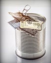 Canned cans full of dollar bills, conceptual image Royalty Free Stock Photo
