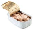 Canned cod liver in an open metal can on a white background. Isolated Royalty Free Stock Photo