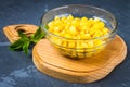 Canned corn in a glass plate on a gray concrete background. Royalty Free Stock Photo