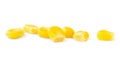 Canned corn isolated on a white background close-up. Side view. Yellow raw corn grains. Canned sweet corn on a white