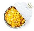 Canned corn in an open tin can on a white background, isolated. Top view Royalty Free Stock Photo