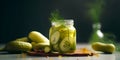 Canned cucumbers in a jar on dark background, pickles. AI generated