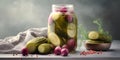 Canned cucumbers in a jar on gray background, pickles. AI generated