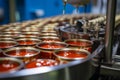 Canned fish factory Sardines in tomato sauce, production line scene