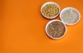 Buckwheat, pearl barley, macaroni in plates