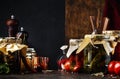 Canned food concept. Fermented, pickled, marinated preserved vegetarian food. Organic vegetables and fruits in jars with spice and Royalty Free Stock Photo