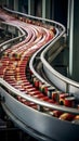 Canned food factory, cans with their contents move on a conveyor belt for labeling and marking Royalty Free Stock Photo