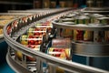 Canned food factory, cans with their contents move on a conveyor belt for labeling and marking Royalty Free Stock Photo