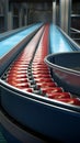Canned food factory, cans with their contents move on a conveyor belt for labeling and marking Royalty Free Stock Photo