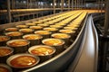 Canned food factory, cans with their contents move on a conveyor belt for labeling and marking Royalty Free Stock Photo