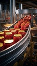 Canned food factory, cans with their contents move on a conveyor belt for labeling and marking Royalty Free Stock Photo