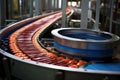 Canned food factory, cans with their contents move on a conveyor belt for labeling and marking Royalty Free Stock Photo