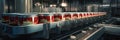 Canned food factory, cans with their contents move on a conveyor belt for labeling and marking, banner Royalty Free Stock Photo