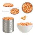 Canned food. Healthy delicious beans with tomato pasta baked products collection decent vector steel container with